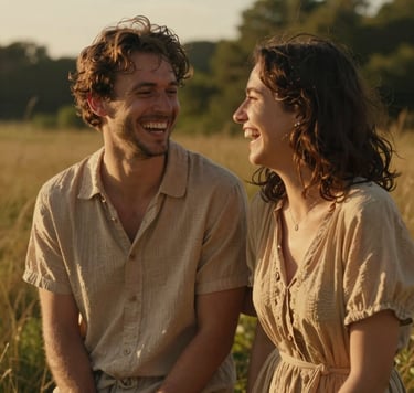 A cinematic, candid photograph of a couple laughing together in a sun-drenched meadow. The lighting is warm golden hour, highlighting textures in a soft sand-colored dress. The background features blurred green foliage and warm brown earth tones.