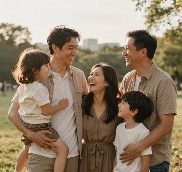 A warm and reassuring portrait of a family laughing together in a Burlington park, North American setting, soft medium brown and cream tones, late afternoon golden hour lighting, professional high-quality photography.