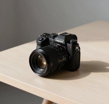 A minimalist photography of a high-end professional camera resting on a cream-colored wooden surface, light grey shadows in a modern North American studio, warm human touch, Japandi design aesthetic.