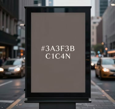 Cinematic, spontaneous shot of a high-end advertising campaign displayed on a sleek urban billboard at twilight. The lighting is moody and sophisticated, highlighting the clean typography. Palette focuses on #3A3F3B and #C1C4BF tones. Professional and contemporary atmosphere.