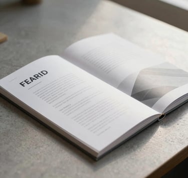 Spontaneous close-up of a printed brand book and creative copy on a textured table. Cinematic shallow depth of field with soft, natural morning light. The composition is elegant and minimalist, incorporating colors like #F8F6F2 and #9A9E96. Reflects strategic thinking.