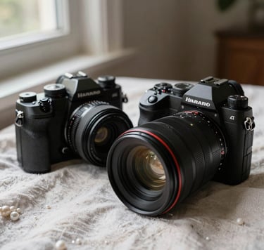 A close-up, artistic shot of two different camera bodies—one film and one digital—resting on a pearl-colored linen cloth. Soft morning sunlight filters through a window in a North American / US home. The color palette includes muted olive and dark charcoal tones.
