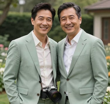 A warm and inviting portrait of a professional photographer couple in their 30s, standing together in a North American / US garden setting. They are dressed in sage green and pearl-colored sophisticated attire, looking at the camera with genuine, heartfelt smiles. Elegant and artistic composition.