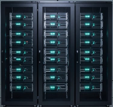 A professional wide-angle shot of a high-tech server room. Glowing steel teal lights illuminate rows of deep charcoal server racks. The composition is symmetrical and clean, suggesting order and precision in cybersecurity infrastructure.