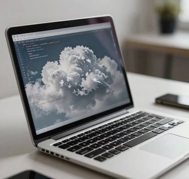 A close-up photograph of a modern workspace with a focus on a high-end laptop. The screen shows lines of code in a silver cloud and frost white color scheme. The lighting is soft and professional, highlighting a clean, efficient work environment.