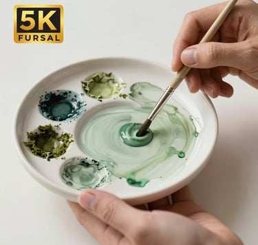 Close-up photography of an artist's hand-held ceramic palette with dried sage green and soft moss watercolor pigments. A fine, thin paintbrush rests on the edge. The background is a clean, creamy white surface. Artisanal and calm aesthetic.