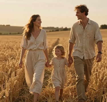 A cinematic lifestyle shot of a young family walking through a golden field at dusk. The light is warm and sun-drenched, illuminating the subjects' soft sand linen outfits. Captured with a professional storytelling lens, focusing on a candid, joyous moment in a European countryside setting.