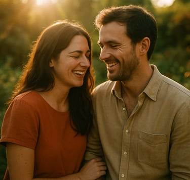 An authentic portrait of a couple sharing a quiet, intimate laugh in a warm sun-drenched garden. The composition is cinematic with natural lens flare. They are dressed in earthy terracotta and warm beige tones, captured in a storytelling style.