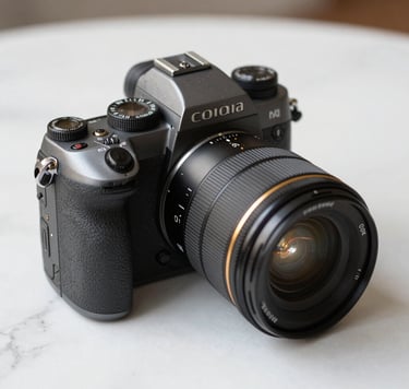 An intimate, professional close-up of a high-end mirrorless camera resting on a clean white marble surface. The lighting is soft and natural, emphasizing the sleek textures of the charcoal camera body and the brushed gold accents of the lens. North American studio setting.