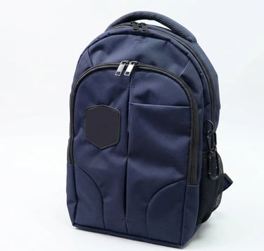 Mochila ejecutiva azul marino con asa superior reforzada, diseño resistente para oficina