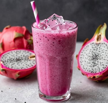 Glass jars filled with pitahaya jam and smoothies on a wooden table