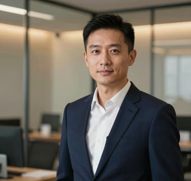 A sophisticated professional portrait of Ruihan in a high-tech modern office. The lighting is cinematic with warm amber glows (#E2B941) reflecting off glass surfaces. The attire is sharp and modern, and the overall color palette emphasizes deep navy (#0A1128) and crisp whites (#F5F8FA).
