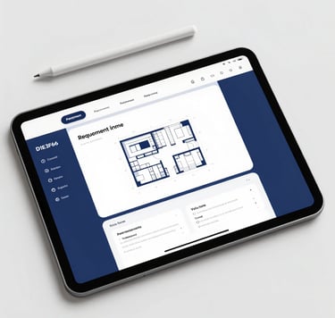 A clean, top-down view of a designer's workspace featuring a tablet with architectural UI layouts and a sleek stylus. The aesthetic is minimal and forward-thinking, using a palette of #1E3F66 blue and soft #F5F8FA highlights to convey precision and creativity.
