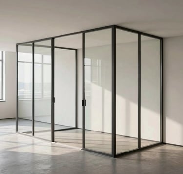 A wide architectural shot of a custom slim-profile steel and glass partition in a modern office. The background is an off-white gallery wall. Soft natural light creates clean lines and subtle shadows on the medium grey floor.