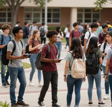 A supportive counselor engaging with a small group of students in a school hallway