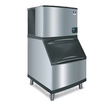 Commercial stainless steel ice machine with storage bin.