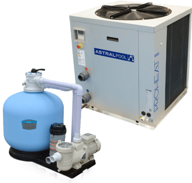 AstralPool ProHeat II swimming pool heat pump with sand filter and circulation pump system.