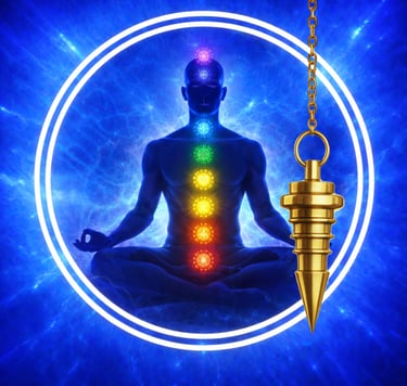 un homme assis en lotus avec les 7 chakras dans deux cercles blanc