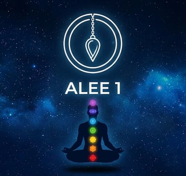 logo d'un pendule et d'unhomme avec chakras dans un ciel de nuit étoilé