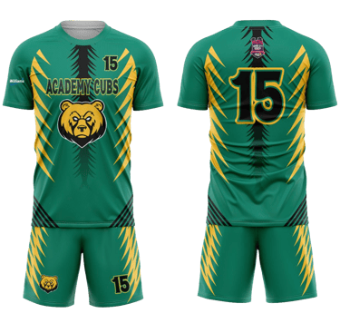 a green and yellow uniform with a bear head on the front