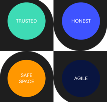 four different shapes that create a open square and read trusted, honest, safe space & agile