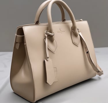 A collection of stylish accessories including a large handbag with a branded pattern, a pair of high-heeled shoes in a dark brown color, a floral scarf with vibrant colors, and a matching light pink clutch wallet. The background features a gradient of warm tones creating a fashionable and elegant display.