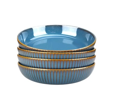  blue ceramic pasta bowls with a ribbed textured exterior and brown rim.