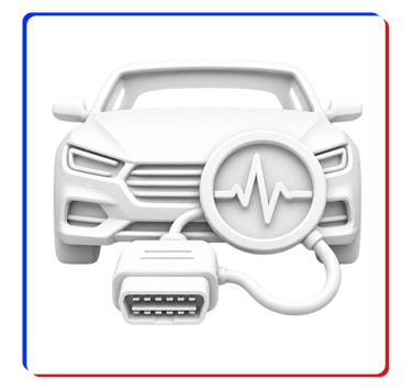 White 3D car diagnostic icon featuring an OBD2 scanner plug and a heartbeat monitor symbol for vehicle health check.