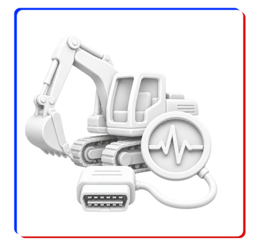 White 3D model of an excavator with a diagnostic OBD scanner tool for construction equipment maintenance.
