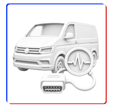 White 3D render of a delivery van with an OBD2 scanner and diagnostic heartbeat icon for vehicle health monitoring.