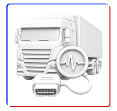 White 3D render of a heavy truck with an OBD2 diagnostic scanner plug and heart rate monitor icon.