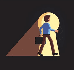 a man holding a suitcase is entering a keyhole