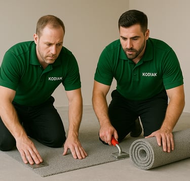 two men in green shirts are laying on the floor