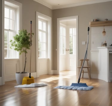 A professional cleaner using a vacuum in a bright living room.