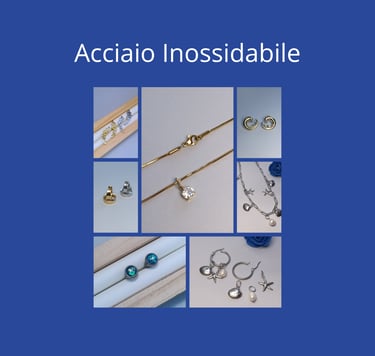 A collection of stainless steel jewelry including gold necklaces, silver earrings, and sea-themed charms.
