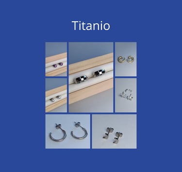 A collection of hypoallergenic titanium earrings including hoops, studs, and star shapes on a blue background.
