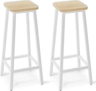 Set of two modern bar stools with white metal frames and light wood square seats.