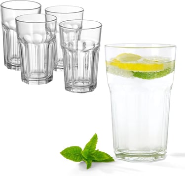 Set of clear faceted highball drinking glasses with one filled with lemon lime water and mint.