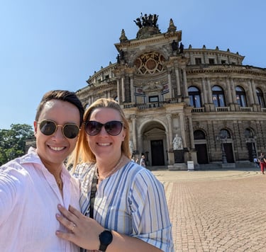 Couple enjoying a walking tour through the historic center of Dresden, Germany.