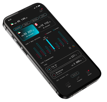 Bankeaz - A mobile banking app showing multi-currency accounts and daily expense charts.