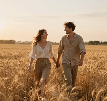 A cinematic, wide-angle shot of a young couple walking through a golden wheat field at sunset. The lighting is warm and hazy, capturing a spontaneous moment of laughter. The color palette features soft sandy #FDF8F0 highlights and warm #AD7B5B earthy tones in their linen clothing. Authentic, heartfelt mood.