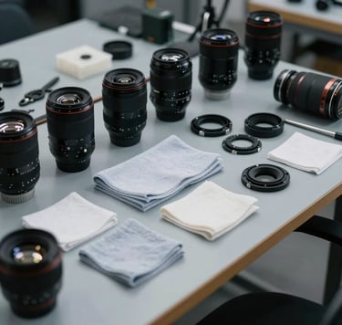 A wide shot of an organized camera service workbench in a North American workshop. Technical tools, micro-fiber cloths, and disassembled lens components are arranged neatly. The scene uses a professional palette of medium blue-gray and light gray, with soft, focused overhead lighting.