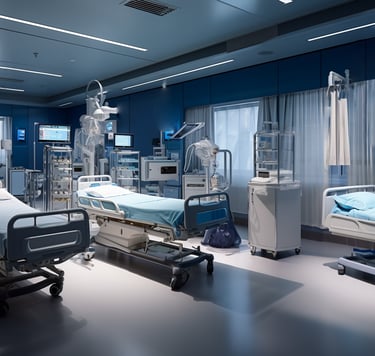 a hospital room with a hospital bed and medical equipment