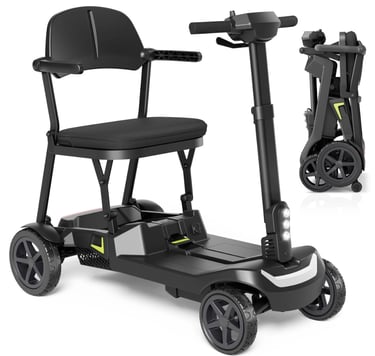Riley foldable mobility scooter with wide seat and front LED light, shown folded and unfolded