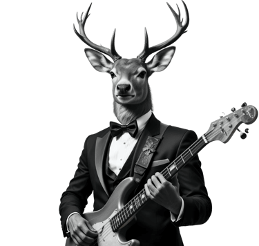 Hjort i kostym spelar elgitarr som metafor för lagarbete
