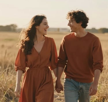 A cinematic, candid shot of a young couple laughing together in a sun-drenched field at golden hour. The lighting is warm and hazy, highlighting natural Soft Sand #F7F2EB textures in the grass and Terracotta #C06C4C tones in their clothing. Soft, authentic human connection.