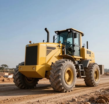 Low-angle heroic shot of a yellow grader earthmover operating on an active South African construction site, harsh midday sun highlighting metallic textures.