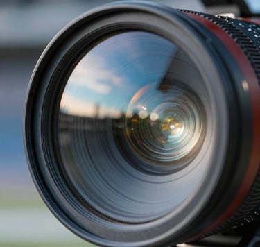 Macro photography of a professional cinema camera lens reflecting the bright LED lights of a North American / US sports arena. The reflections create patterns of sky blue and light gray-blue across the glass surface, embodying a sleek and high-tech aesthetic.