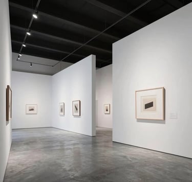 Architectural photography of a minimalist art gallery interior in a Middle Eastern city. The space features stark white walls, polished grey concrete floors, and a massive scale that emphasizes contemporary elegance and artistic focus.
