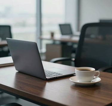 A focused shot of a modern workspace in a Southeast Asian / Indonesian professional setting. A slim laptop and a ceramic cup of coffee sit on a polished dark wood desk. In the background, a blurred view of a bright office. Mood is quiet competence and professional elegance. Colors: slate blue and off-white mist.